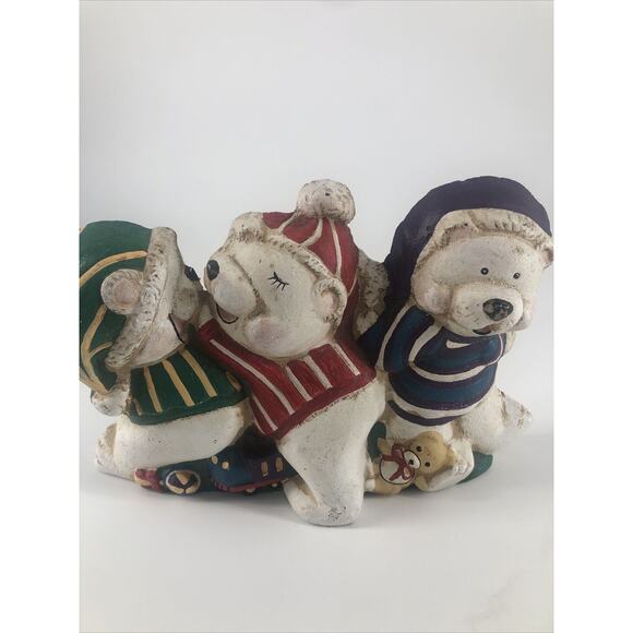 Vintage Cast Iron Door Stop 3 Dressed for Christmas Little Polar Bears - Picture 1 of 7